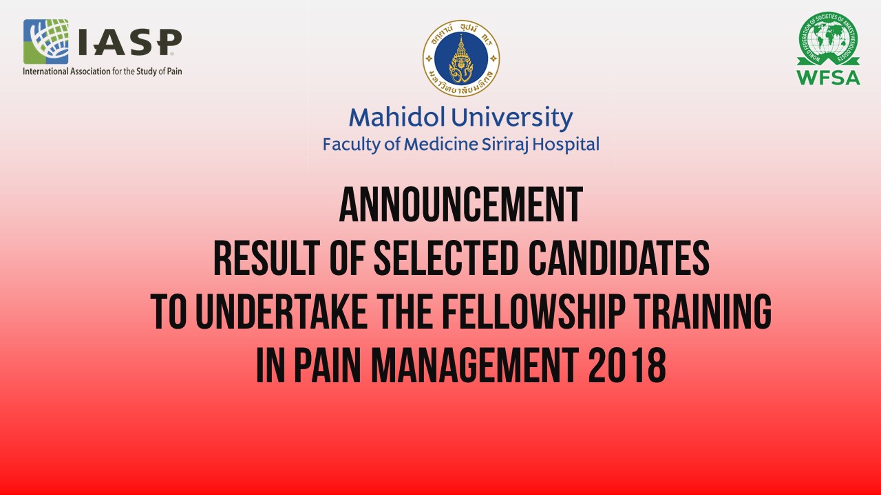 Result of Selected Candidates to Undertake the Fellowship Training in Pain Management 2018