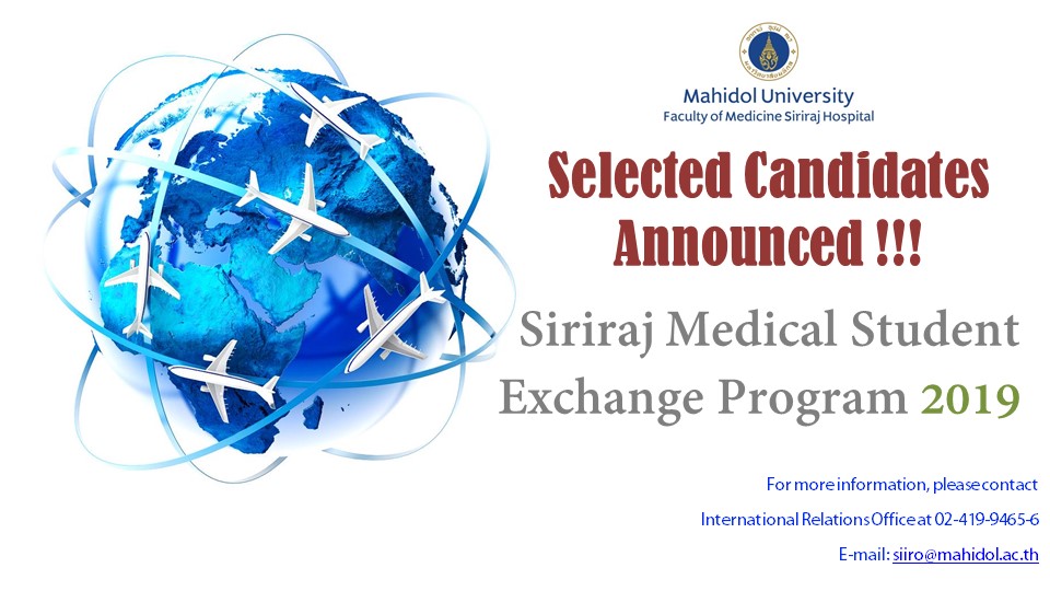 List of Selected Candidates for Siriraj Medical Students Exchange Program 2019