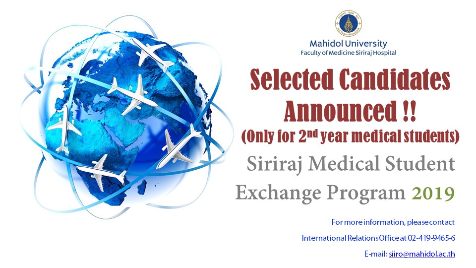 List of Selected Candidates for 2nd year Siriraj Medical Students Exchange Program 2019