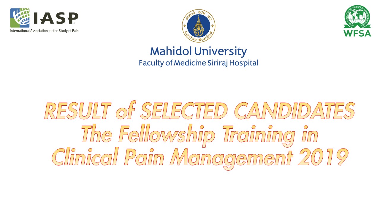 Result of Selected Candidates to Undertake the Fellowship Training in Pain Management 2019