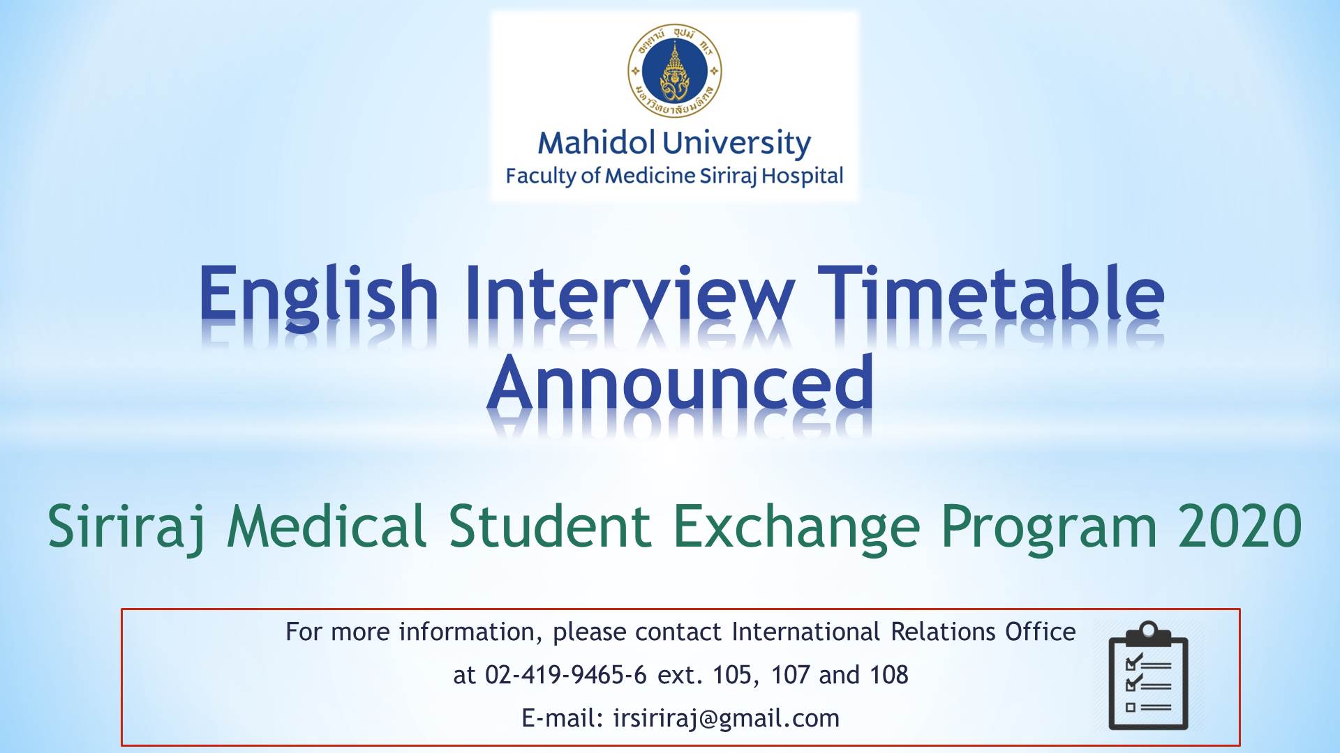 English Interview Timetable: Siriraj Medical Students Exchange Program 2020 (4th & 6th Year)