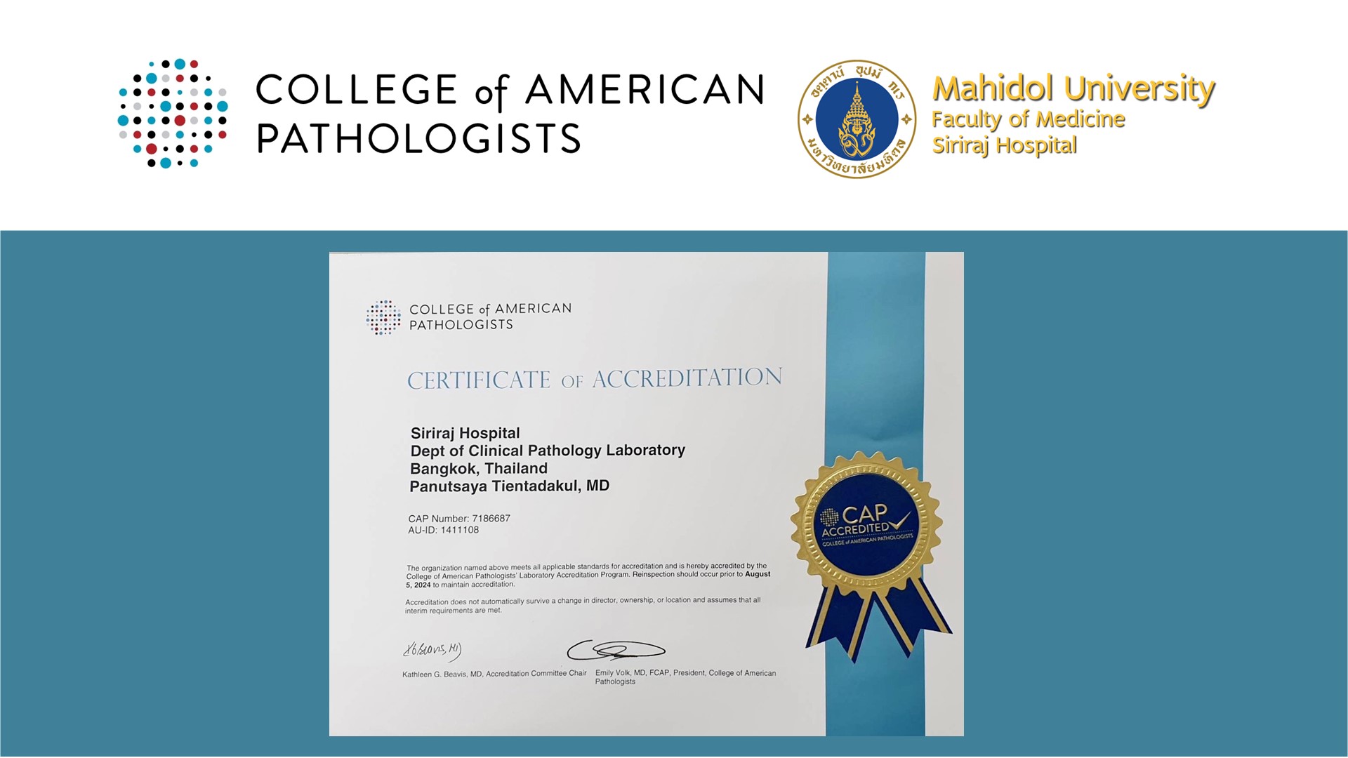 Siriraj’s Clinical Pathology Laboratory Receives Accreditation from College of American Pathologists!